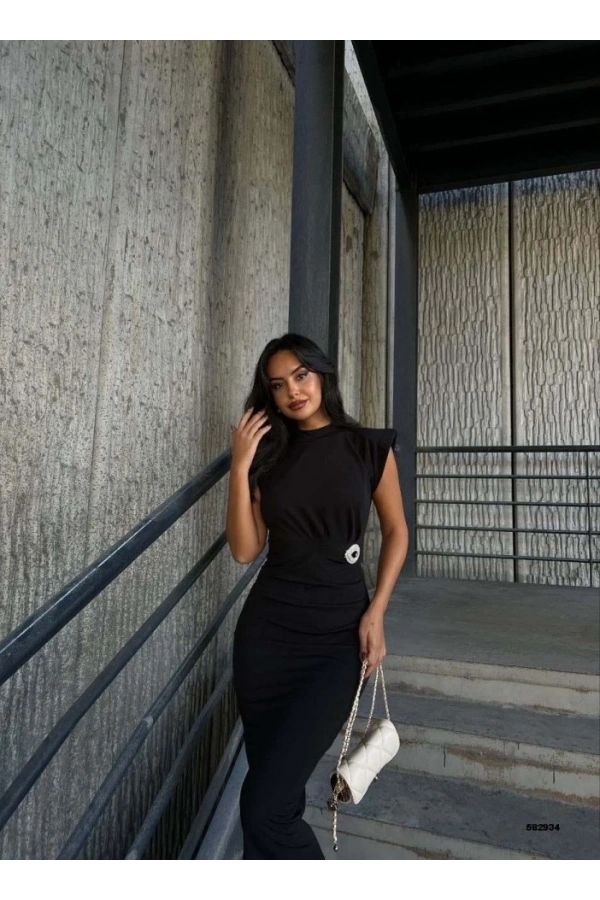 Bidebuvar Kadın Bisiklet Yaka Vatkalı Broş Detay Kısa Kol Midi Boy Elbise