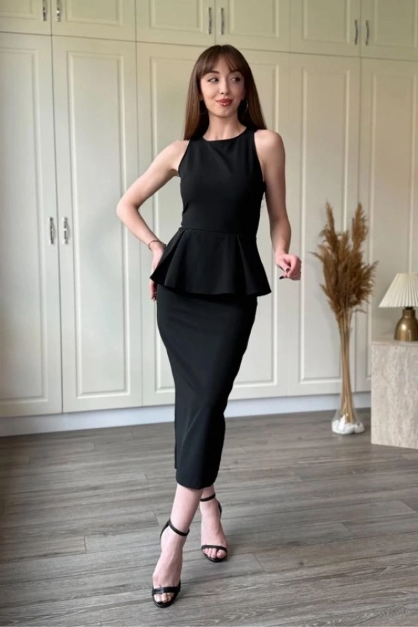 Bidebuvar Kadın Bisiklet Yaka Volan Detay Double Kumaş Midi Boy Elbise