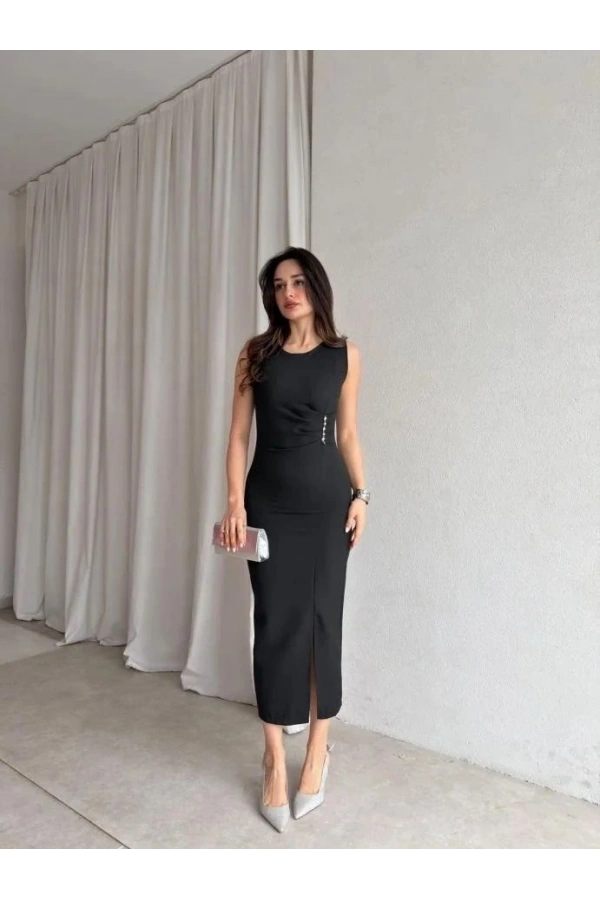 Bidebuvar Kadin Bisiklet Yaka Yandanda Kulplu Yirtmac Detay Maxi Boy Elbise