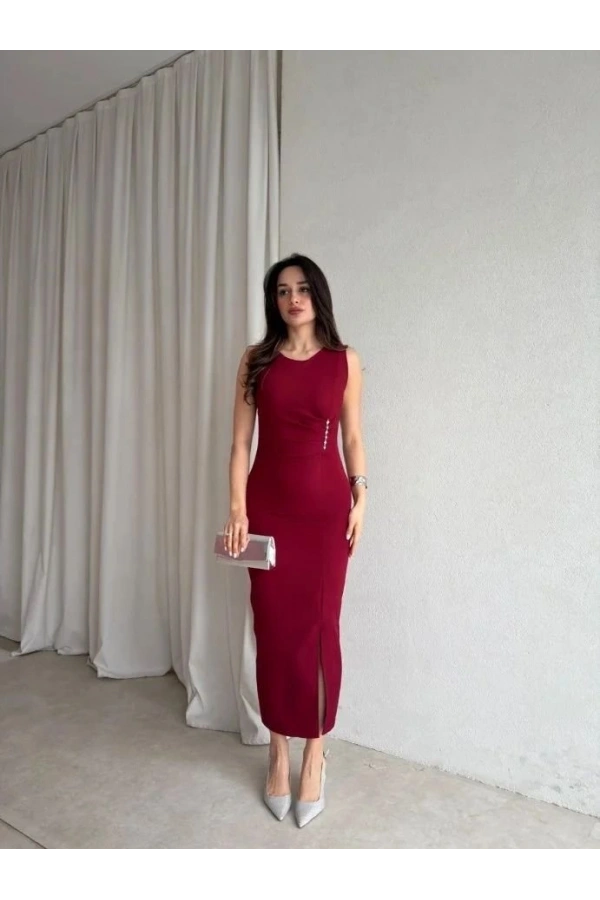 Bidebuvar Kadin Bisiklet Yaka Yandanda Kulplu Yirtmac Detay Maxi Boy Elbise