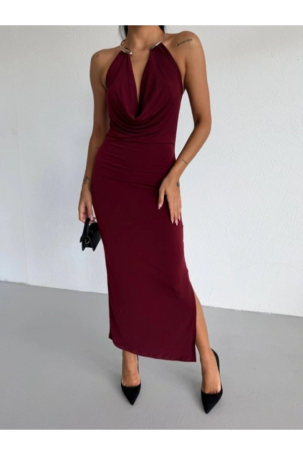 Bidebuvar Kadın Boyun Aksesuarlı Halter Yaka Maxi Boy Sandy Kumaş Elbise