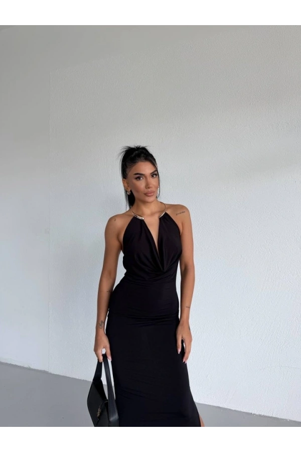 Bidebuvar Kadın Boyun Aksesuarlı Halter Yaka Maxi Boy Sandy Kumaş Elbise