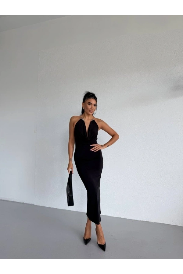 Bidebuvar Kadın Boyun Aksesuarlı Halter Yaka Maxi Boy Sandy Kumaş Elbise