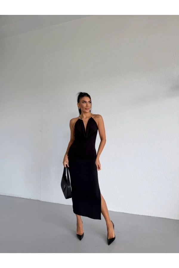 Bidebuvar Kadın Boyun Aksesuarlı Halter Yaka Maxi Boy Sandy Kumaş Elbise