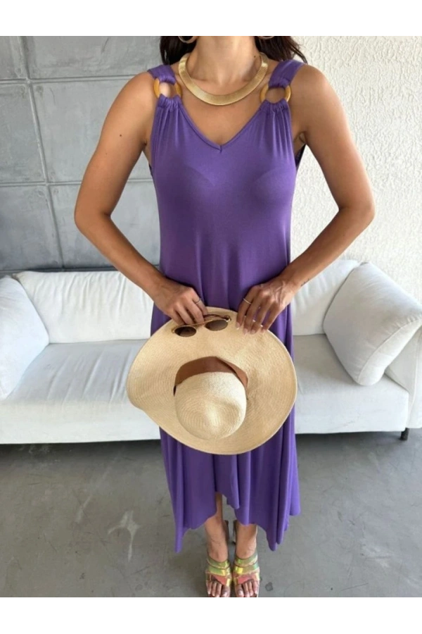 Bidebuvar Kadın çan Dokuma Kumaş V Yaka Asimetrik Kesim Elbise