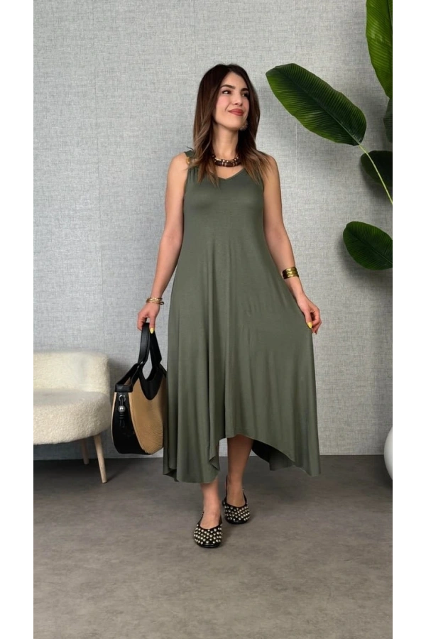 Bidebuvar Kadın çan Dokuma Kumaş V Yaka Asimetrik Kesim Elbise