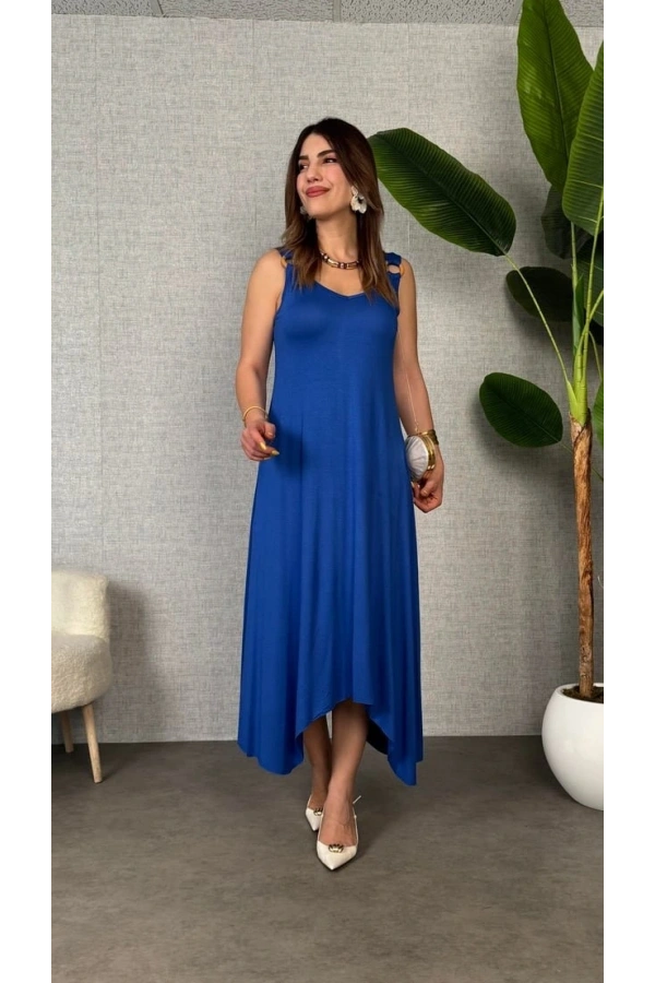 Bidebuvar Kadın çan Dokuma Kumaş V Yaka Asimetrik Kesim Elbise