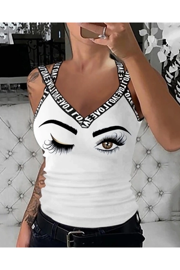 Bidebuvar Kadın çapraz şeritli Göz Baskılı Viskon Bluz