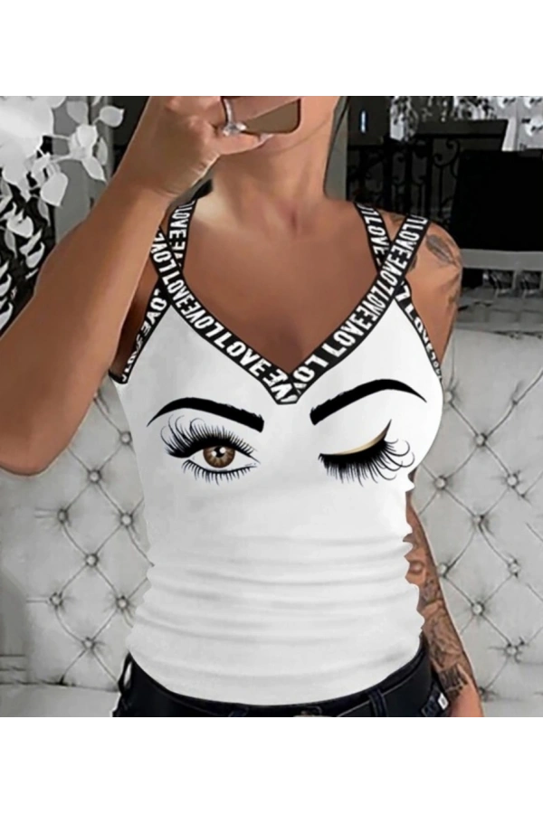 Bidebuvar Kadın çapraz şeritli Göz Baskılı Viskon Bluz