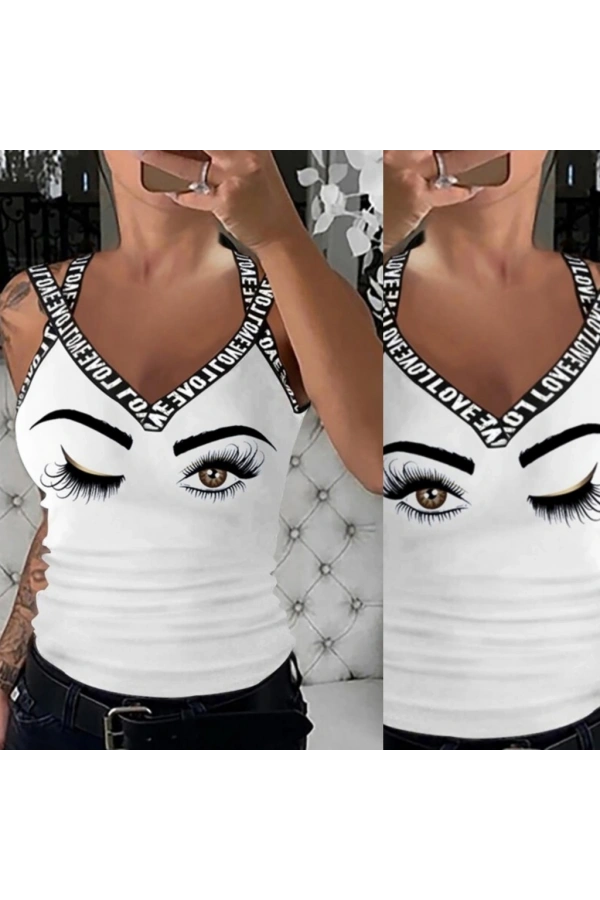 Bidebuvar Kadın çapraz şeritli Göz Baskılı Viskon Bluz