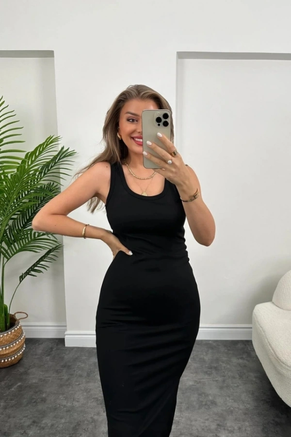 Bidebuvar Kadın çift Yırtmaç Detaylı Sıfır Kol Midi Boy Elbise