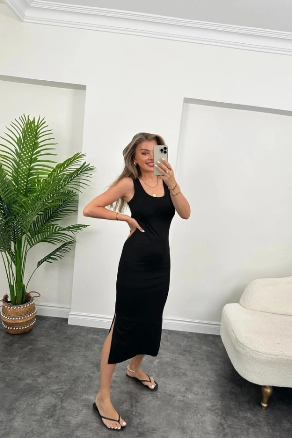 Bidebuvar Kadın çift Yırtmaç Detaylı Sıfır Kol Midi Boy Elbise