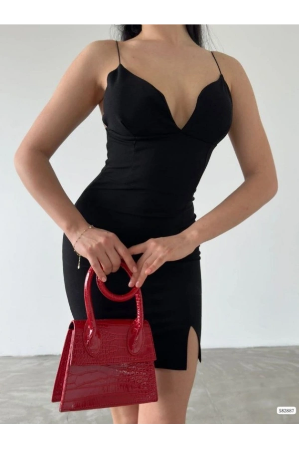 Bidebuvar Kadın Dalgıç Krep Kumaş Askılı Mini Elbise