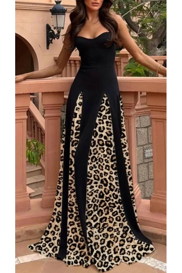 Bidebuvar Kadın Dalgıç Kumaş Leopar Desenli Kloş Elbise