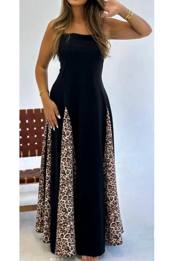 Bidebuvar Kadın Dalgıç Kumaş Leopar Desenli Kloş Elbise