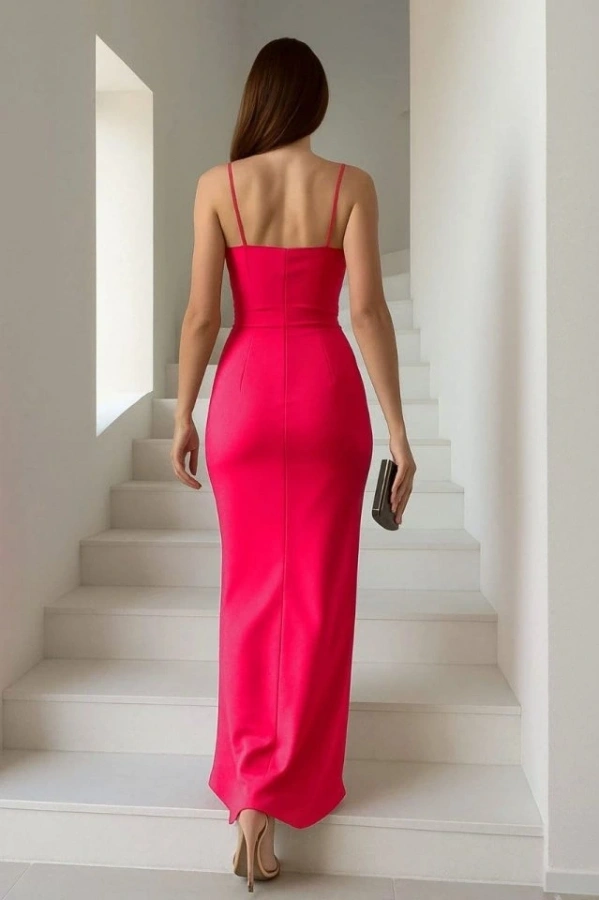 Bidebuvar Kadın Dalgıç Kumaş V Yaka Yırtmaç Detaylı Maxi Boy Elbise