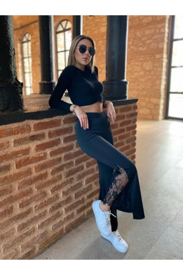 Bidebuvar Kadın Dantel Eklemeli Ispanyol Paça Scuba Tayt Pantalon