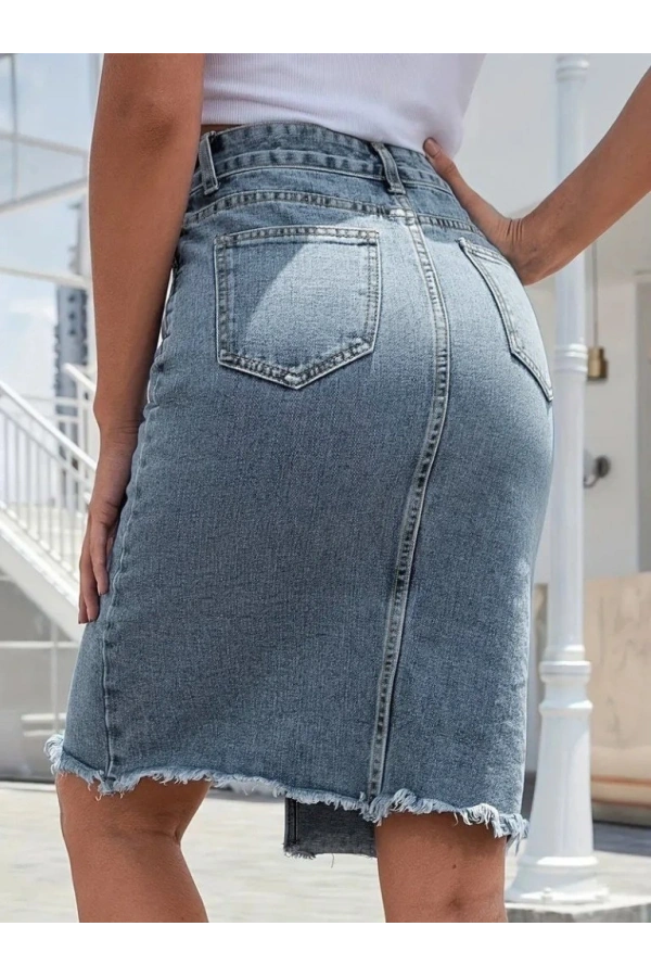 Bidebuvar Kadın Elastik Bel Yırtık Kenar Detaylı Kot Etek