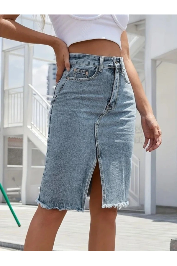 Bidebuvar Kadın Elastik Bel Yırtık Kenar Detaylı Kot Etek