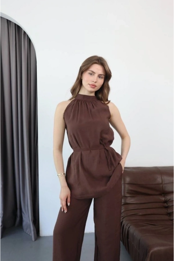 Bidebuvar Kadın Halter Yaka Beli Kuşak Detaylı Ikili Takım