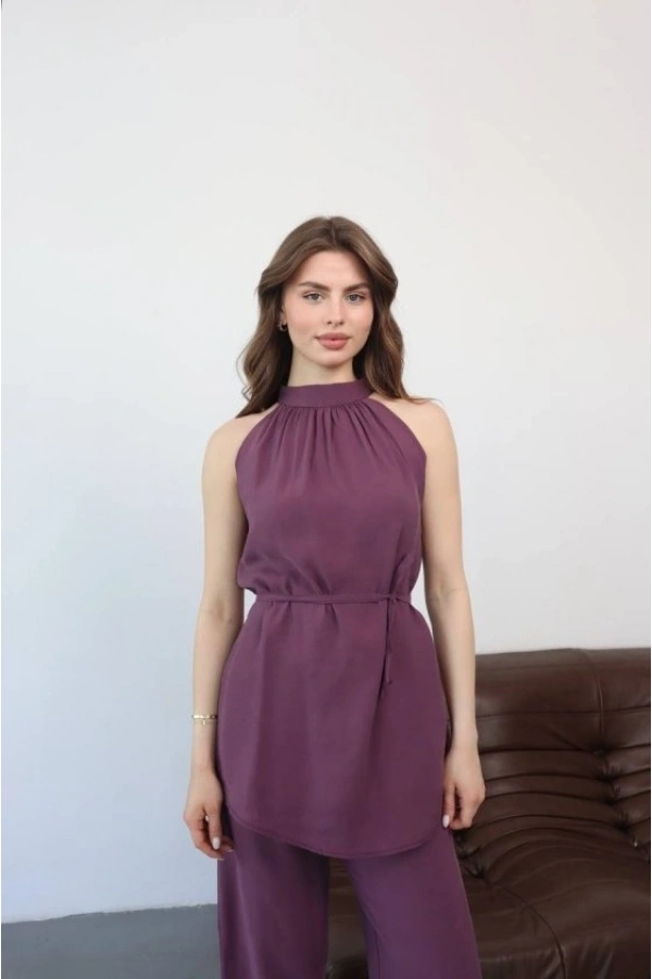 Bidebuvar Kadın Halter Yaka Beli Kuşak Detaylı Ikili Takım