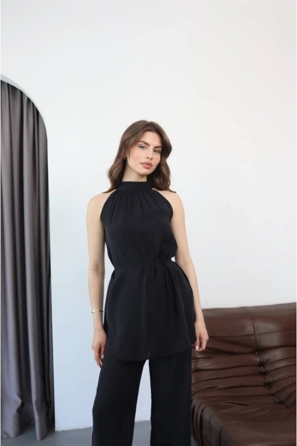 Bidebuvar Kadın Halter Yaka Beli Kuşak Detaylı Ikili Takım