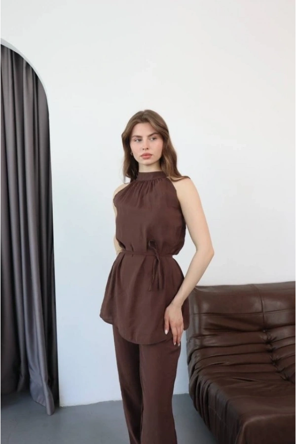 Bidebuvar Kadın Halter Yaka Beli Kuşak Detaylı Ikili Takım