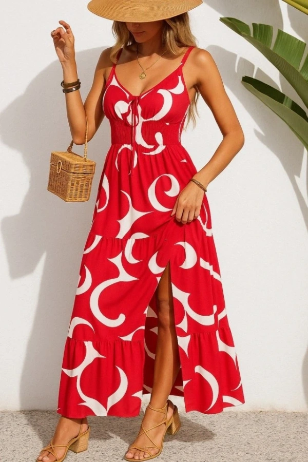 Bidebuvar Kadın Ip Askılı Dekolteli Bağcıklı Yırtmaçlı Desenli Süprem Elbise