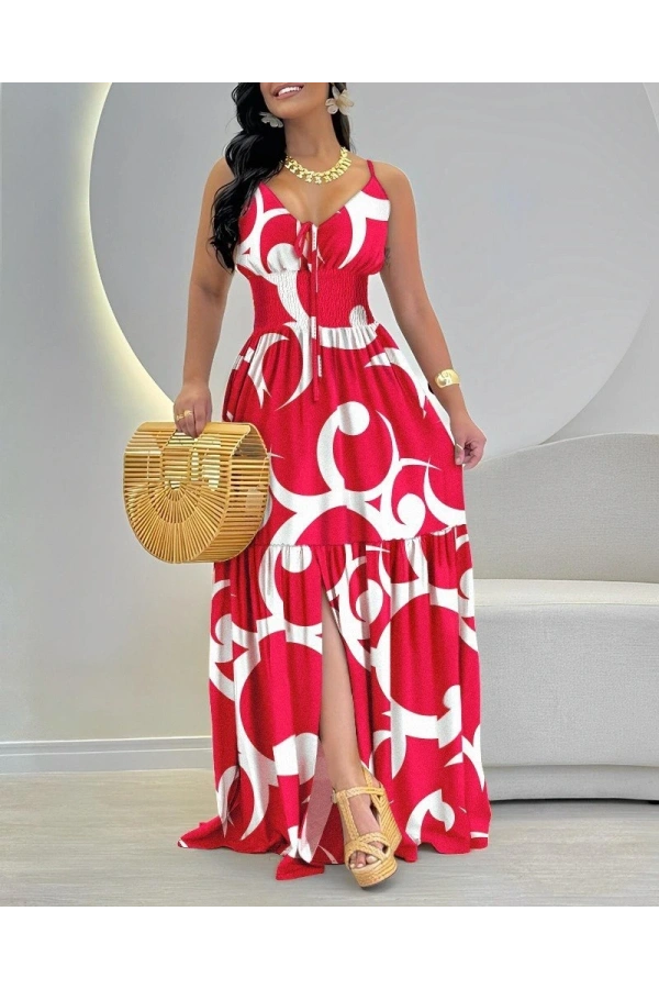 Bidebuvar Kadın Ip Askılı Dekolteli Bağcıklı Yırtmaçlı Desenli Süprem Elbise