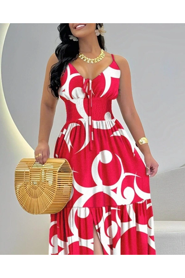 Bidebuvar Kadın Ip Askılı Dekolteli Bağcıklı Yırtmaçlı Desenli Süprem Elbise