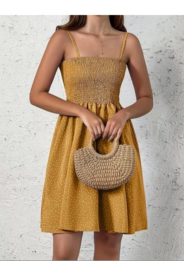 Bidebuvar Kadın Ip Askılı Gipeli Desenli Kısa Süprem Elbise