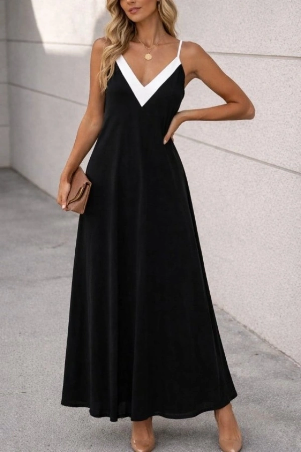 Bidebuvar Kadın Ip Askılı Keskin V Yakalı Uzun Viskon Elbise