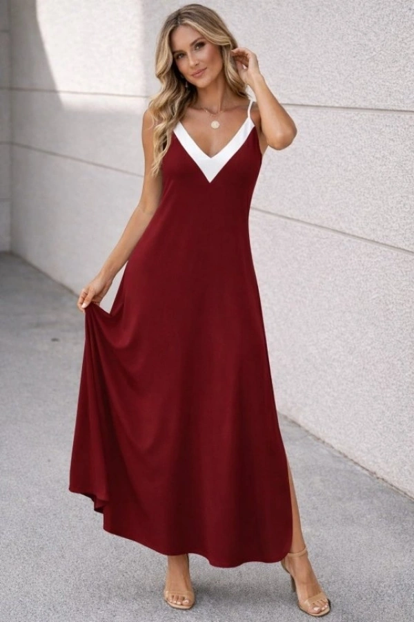 Bidebuvar Kadın Ip Askılı Keskin V Yakalı Uzun Viskon Elbise