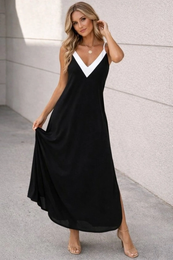 Bidebuvar Kadın Ip Askılı Keskin V Yakalı Uzun Viskon Elbise