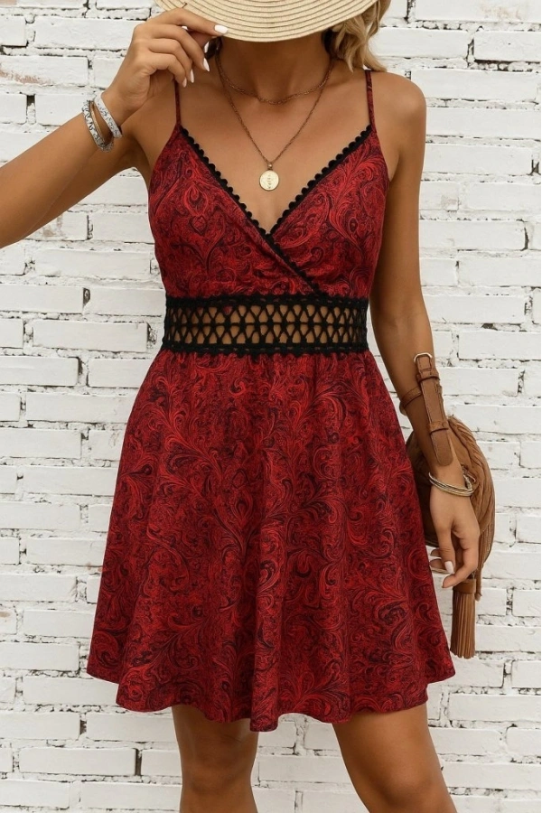 Bidebuvar Kadın Ip Askılı Kruvaze Yakalı Desenli Mini Süprem Mini Elbise