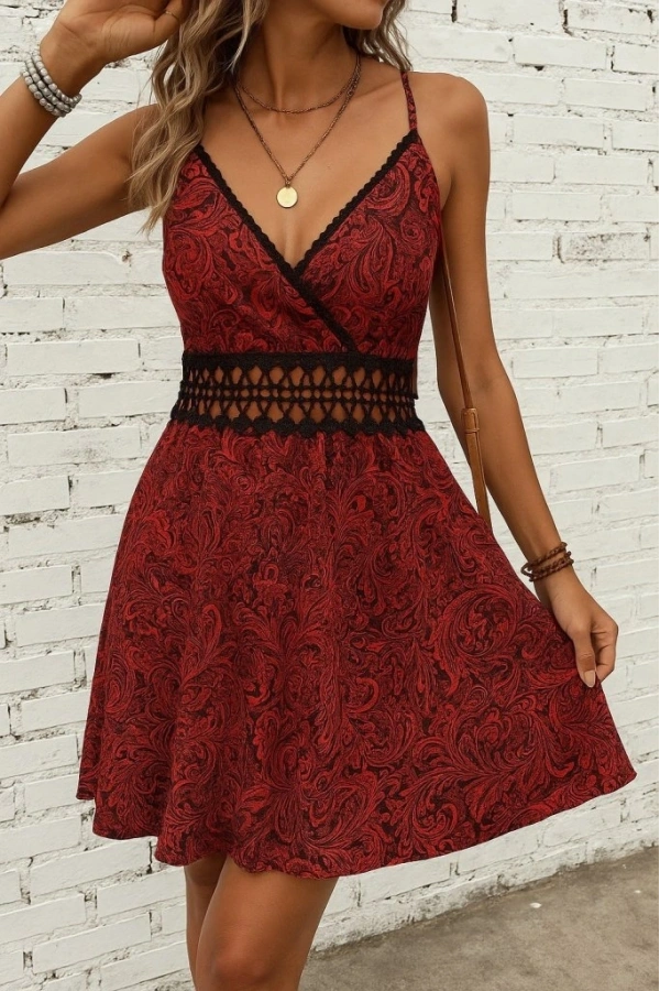 Bidebuvar Kadın Ip Askılı Kruvaze Yakalı Desenli Mini Süprem Mini Elbise