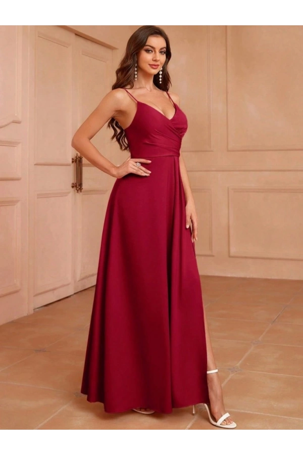 Bidebuvar Kadın Ip Askılı Kruvaze Yakalı Yırtmaçlı Uzun Ithal Krep Elbise