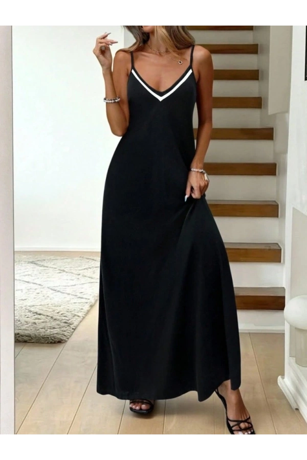 Bidebuvar Kadın Ip Askılı V şerit Yakalı Uzun Viskon Elbise