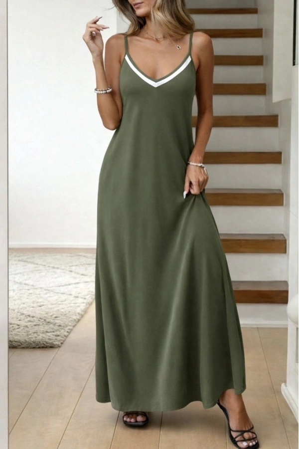 Bidebuvar Kadın Ip Askılı V şerit Yakalı Uzun Viskon Elbise