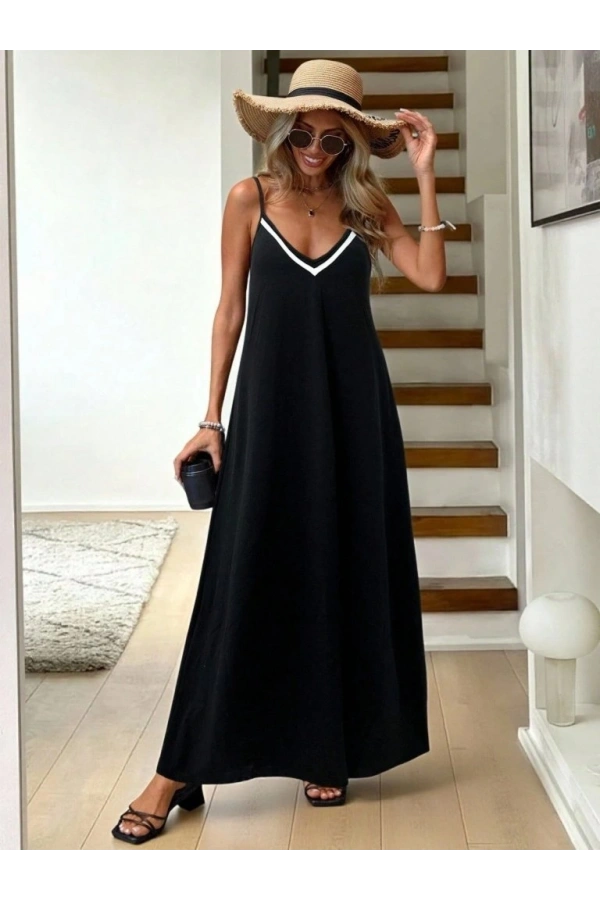 Bidebuvar Kadın Ip Askılı V şerit Yakalı Uzun Viskon Elbise