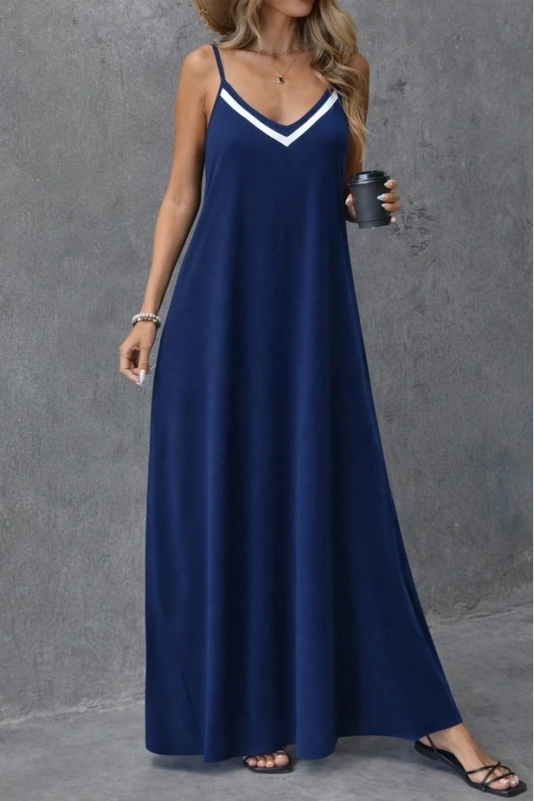 Bidebuvar Kadın Ip Askılı V şerit Yakalı Uzun Viskon Elbise