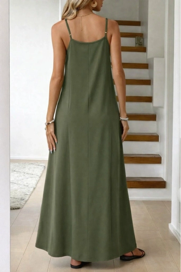 Bidebuvar Kadın Ip Askılı V şerit Yakalı Uzun Viskon Elbise