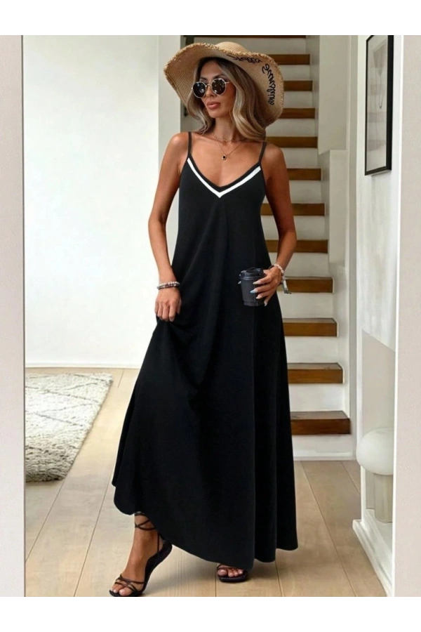 Bidebuvar Kadın Ip Askılı V şerit Yakalı Uzun Viskon Elbise