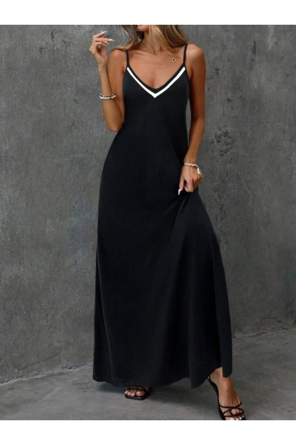 Bidebuvar Kadın Ip Askılı V şerit Yakalı Uzun Viskon Elbise