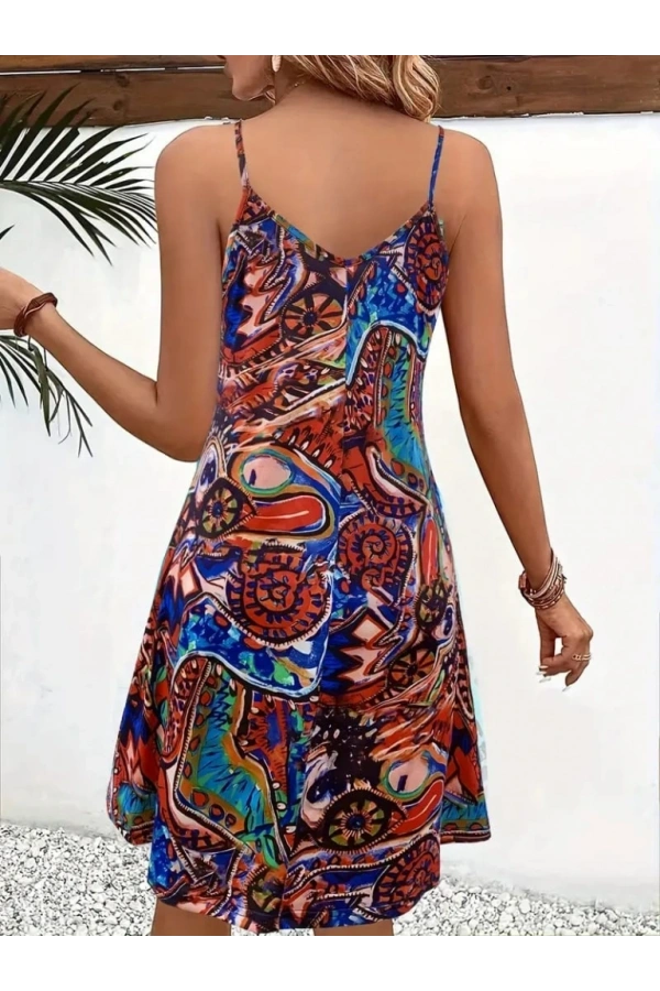 Bidebuvar Kadın Ip Askılı V Yakalı Desenli Kısa Süprem Elbise