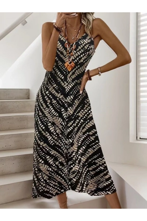 Bidebuvar Kadın Ip Askılı V Yakalı Desenli Uzun Süprem Elbise