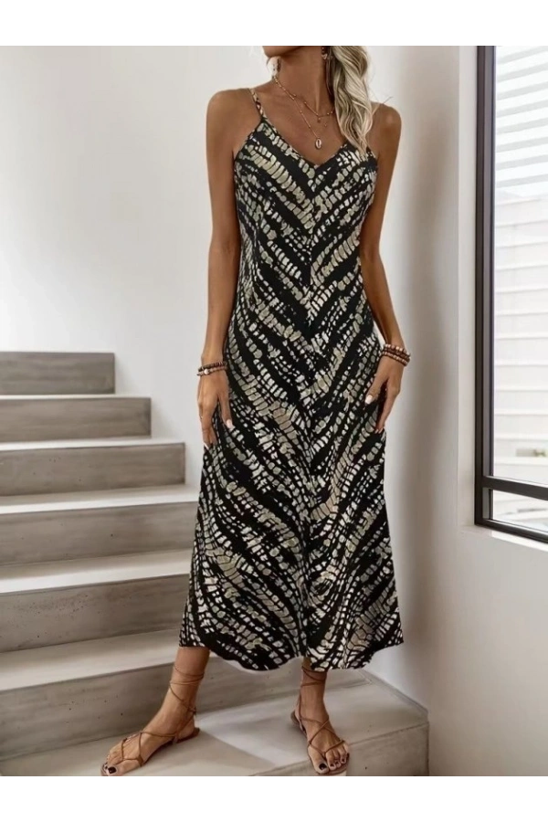 Bidebuvar Kadın Ip Askılı V Yakalı Desenli Uzun Süprem Elbise