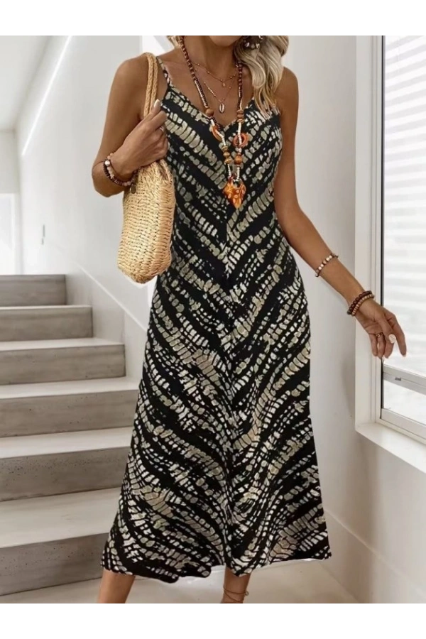 Bidebuvar Kadın Ip Askılı V Yakalı Desenli Uzun Süprem Elbise