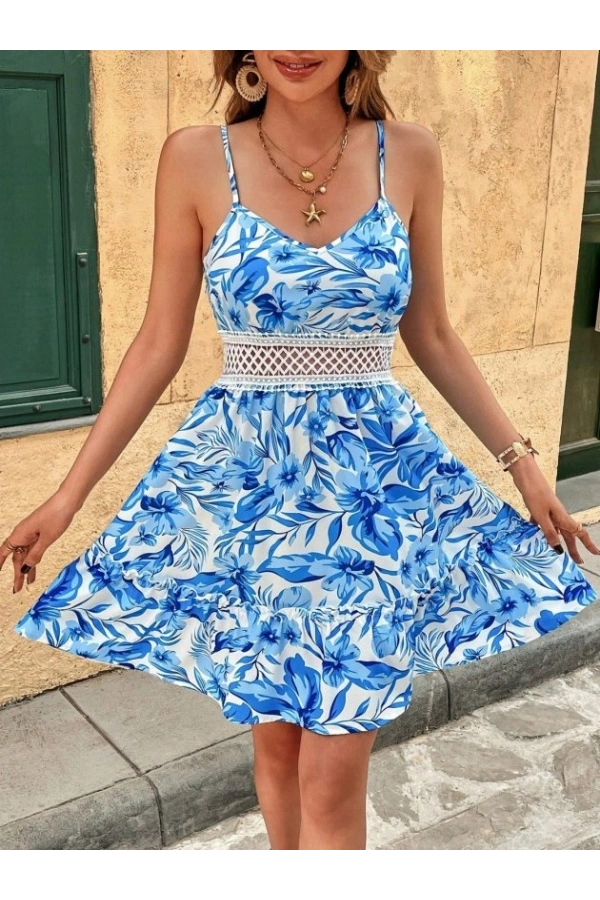 Bidebuvar Kadın Ip Askılı V Yakalı Kısa Desenli Süprem Elbise