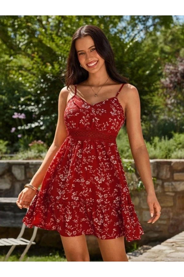 Bidebuvar Kadın Ip Askılı V Yakalı Kısa Desenli Süprem Elbise